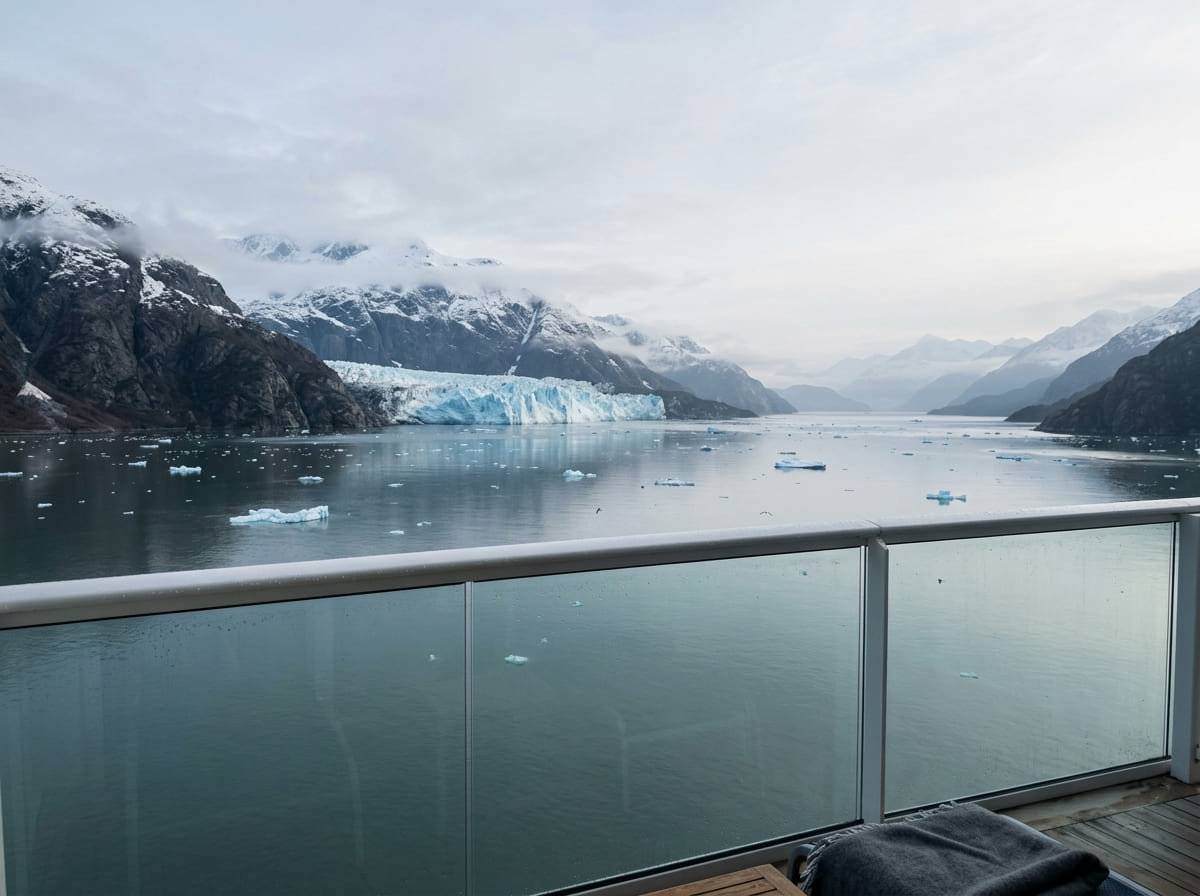 View from a cruise ship balcony in Alaska with snow capped mountains and a glacier in the distance