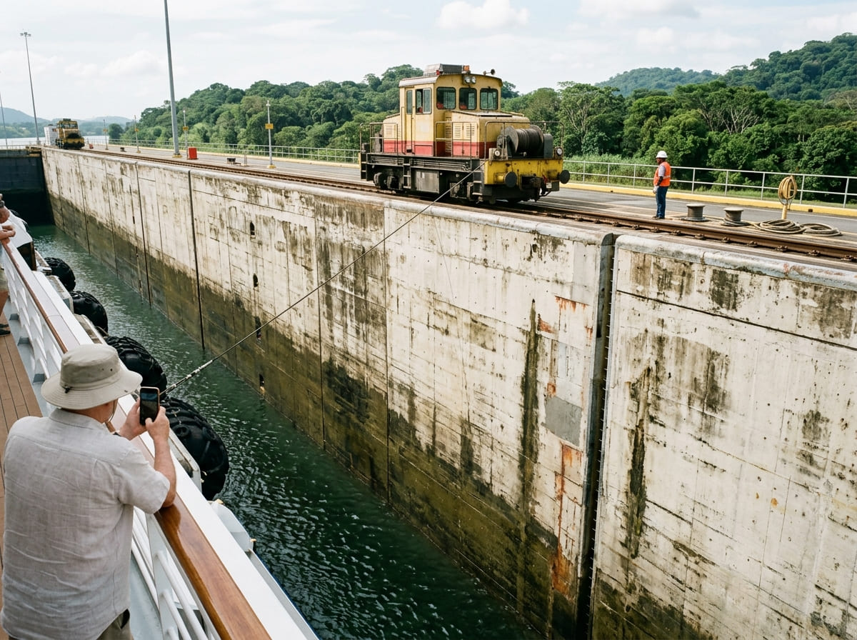 Cruise ship inside a Panama Canal lock chamber with the concrete lock wall alongside