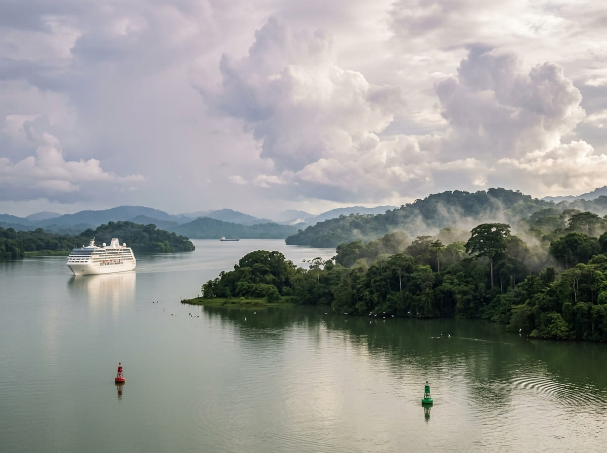 Cruise ship sailing across Gatun Lake in the Panama Canal with jungle covered shoreline