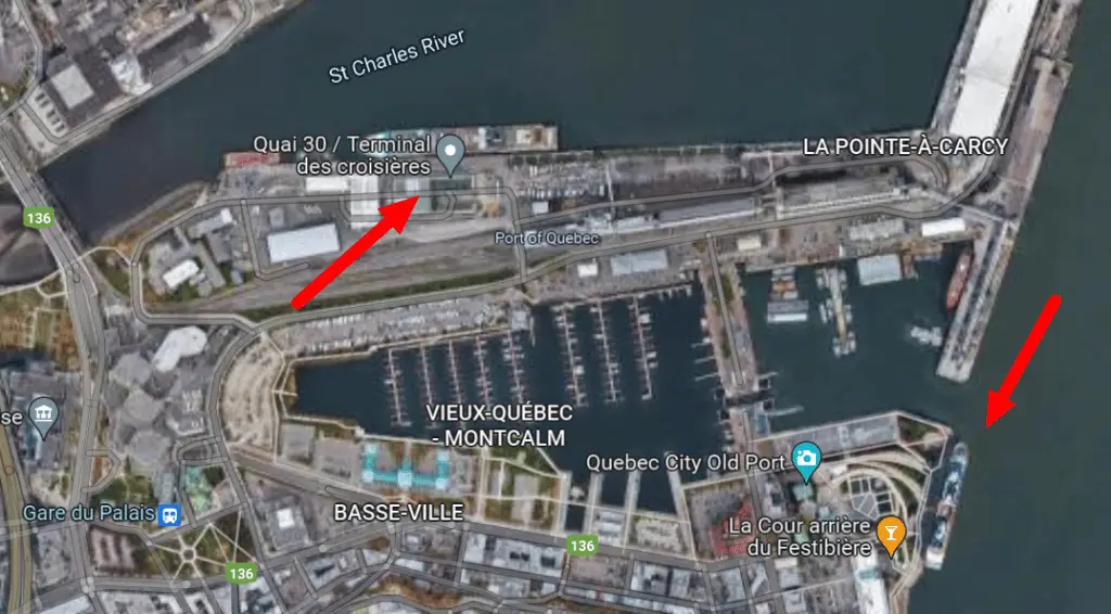 Google map satellite view of wharf 21 and wharf 30 - the two cruise terminals in Quebec City 