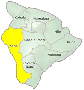 Map of big island of Hawaii broken up into sections, with "Kona" highlighted in yellow along the left side of the island
