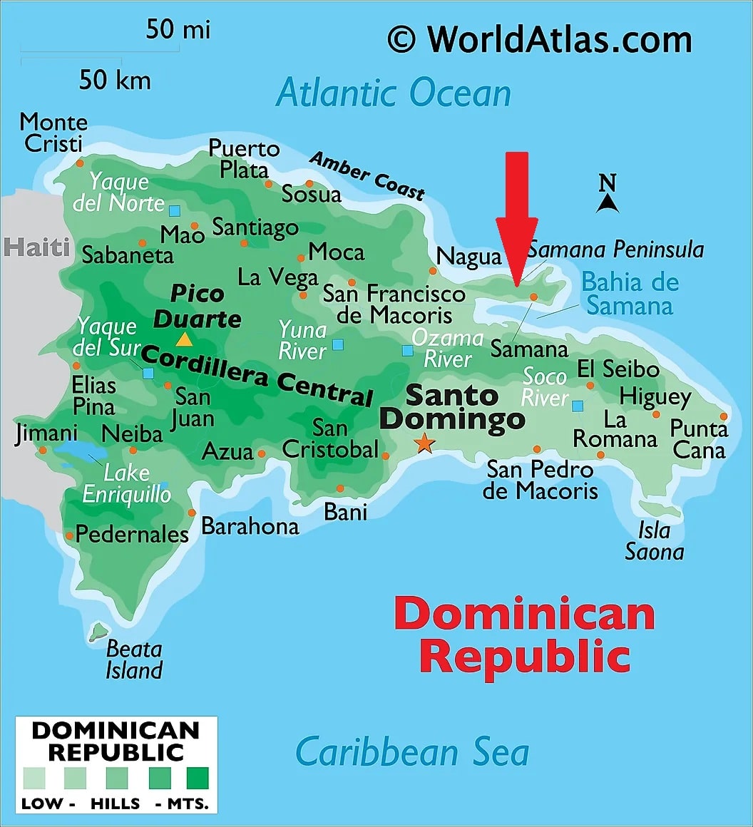 Drawn map of Dominican Republic with large red arrow pointing to Samana which is located in the north east of the country.