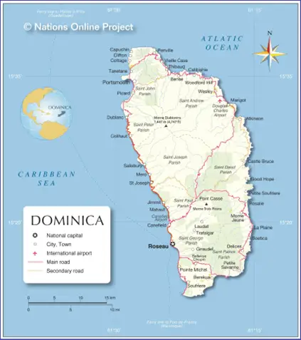 Drawn map of Dominica showing towns and roads
