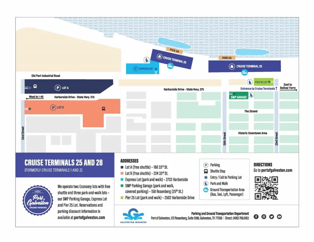 Infographic of Terminals 25 and 28 showing parking lots and shuttle information.