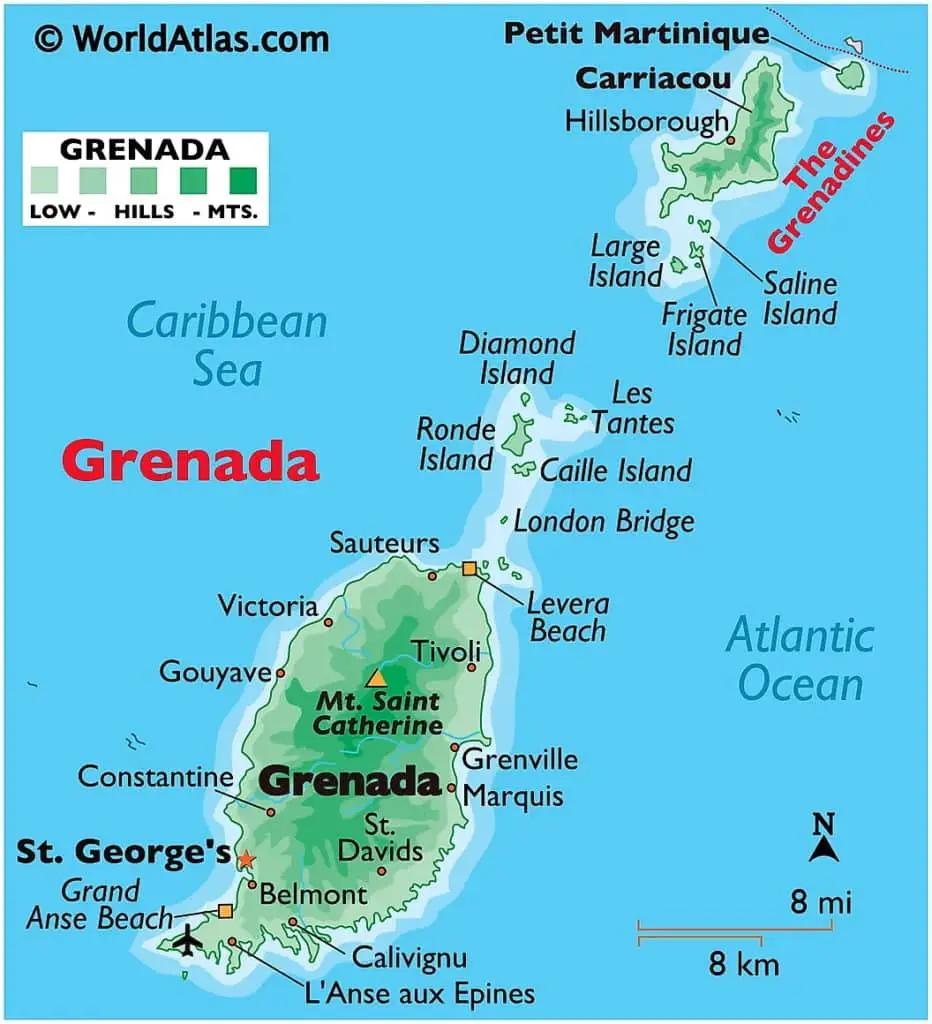 Drawn map of Grenada. One large island is at the bottom (south) of the map with a string of smaller islands to the north.  St. George's is located in the southwest of the large island. Petit Martinique and Carriacou are located in the northern-most islands also known as The Grenadines.The Caribbean Sea is to the left of the island chain and the Atlantic Ocean is to the right. 