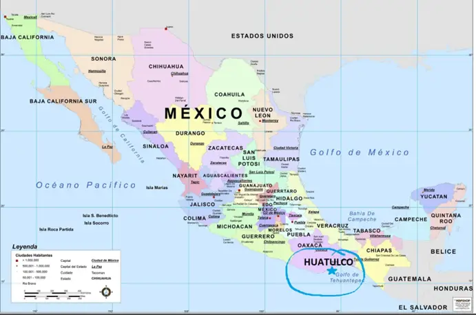 Colorful map of Mexico showing Huatulco circled in blue down at the bottom of the map.