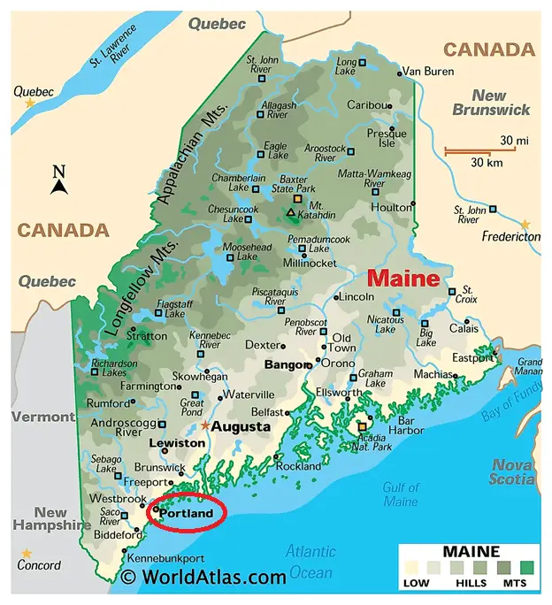 Drawn map of the state of Maine. Its northern and eastern borders are surrounded by Canada, its western edge borders Vermont and New Hampshire and its southern border looks jagged against the ocean's edge. Portland is in the south-west corner of the state, circled in red.