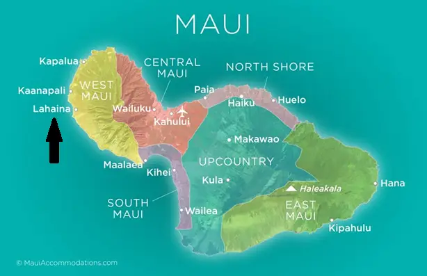 Drawn map of the island of Maui pointing out Lahaina with a black arrow