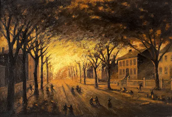 Paining depicting the city burning in a fire with blackened trees lining a street on which buildings are on fire and people are fleeing down the street.