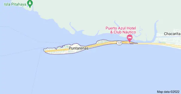 Google map zoomed out of Puntarenas showing it is a long, narrow peninsula stretching out into the gulf. 