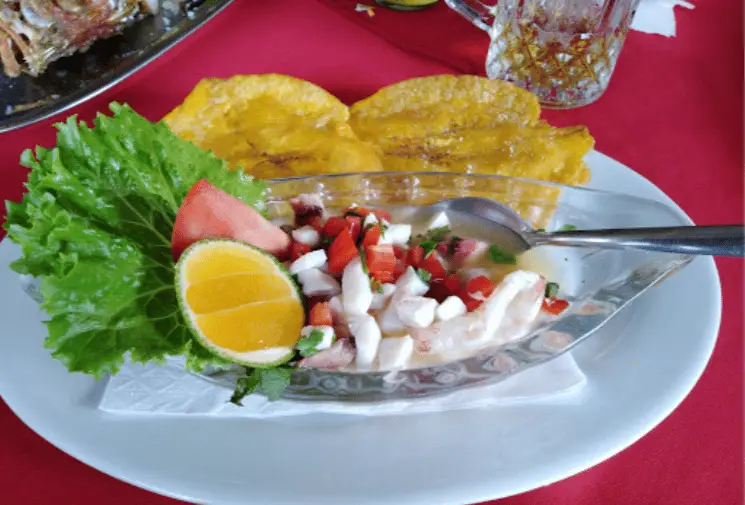 Closeup of white plate on red tablecloth covered table. On plate is a shallow dish with fresh-looking ceviche garnished with a lime slice, tomato wedge and lettuce leaf. Beside are two smashed, deep-fried plantain slices.
