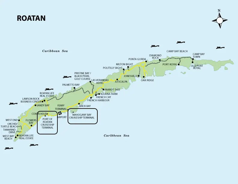 Map of the island of Roatan which is shaped like a narrow line The two cruise ports are in the south west of the island and are circled for clarity.