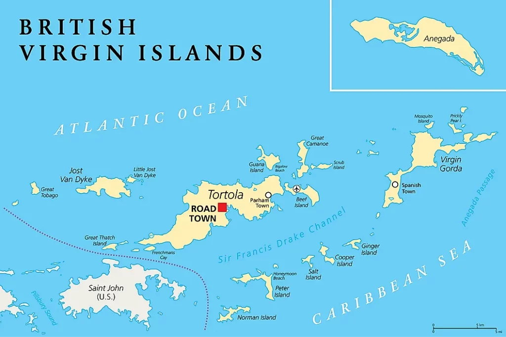 Map of the British Virgin Islands with Tortola in the middle of the map.