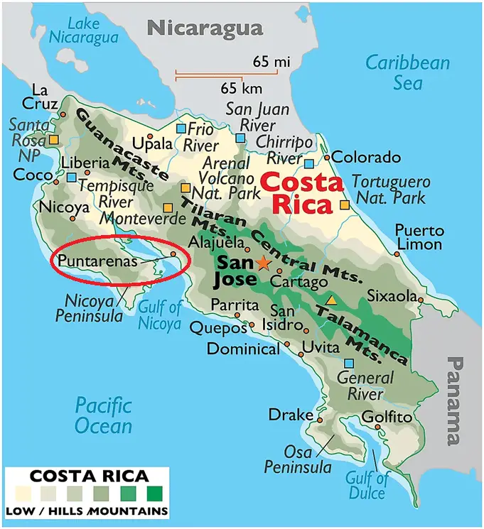 Map of Costa Rica with cities and towns, mountain ranges, peninsulas all labeled. Puntarenas is circled in red on the left middle of the map, on the Gulf of Nicoya. It is separated from the Pacific Ocean by the Nicoya Peninsula.