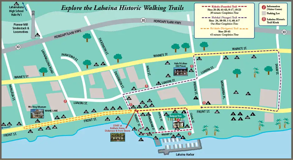 Drawn map of Lahaina's historic trail.