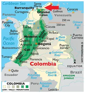 Topographical map of Colombia with Santa Marta at the top (north) of the country highlighted with a large red arrow.
