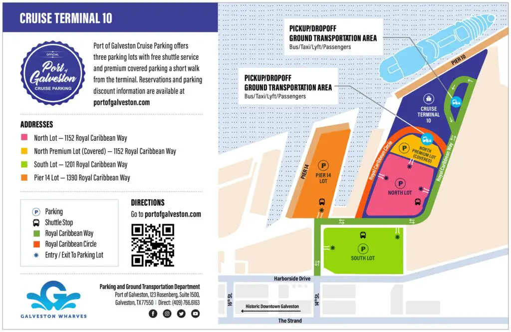 Infographic of Terminal 10 showing the terminal and areas of parking surrounding it - North Lot, South Lot and Pier 14 parking.