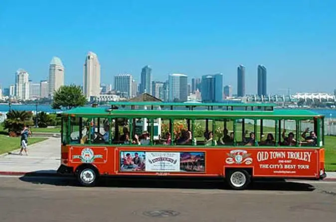 San Diego Trolley with a view of the city skyline in the background