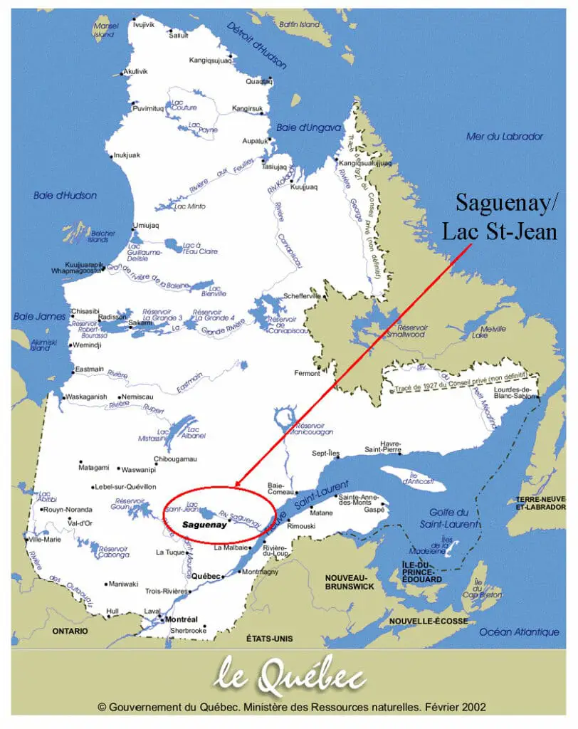 Map of the province of Quebec. The region of Saguenay is circled towards the bottom-center of the map, with a line to the title "Saguenay-Lac-St- Jean"