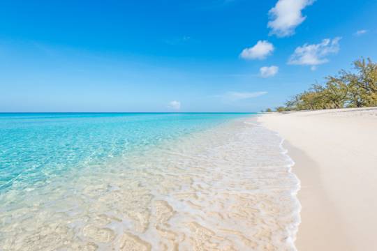 White sand beach with calm, turquoise water lapping the shoreline.