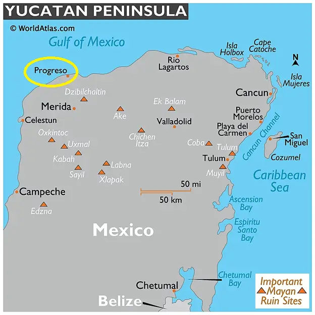 map of Yucatan peninsula with the island of Cozumel on the mid-right of the peninsula, and Progreso, circled in yellow, on the upper left of the peninsula.