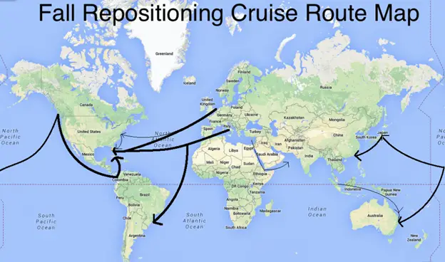 Map of the world with arrows showing where cruise ships reposition in the fall.