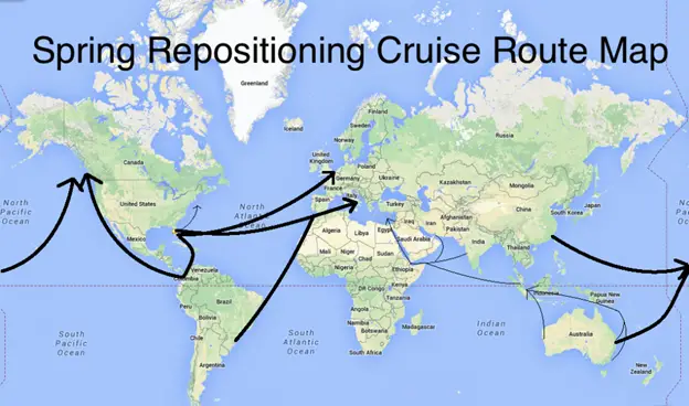 Map of the world with arrows showing where cruise ships reposition in the spring.