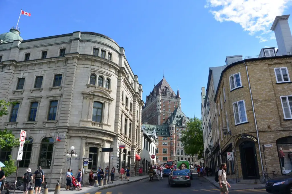 Looking between buildings at the Chateau Frontenac in Quebec City. 