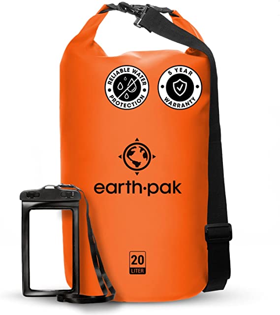 Orange bag with "earth pak" written on front. It has a black strap and separate cell phone protector.