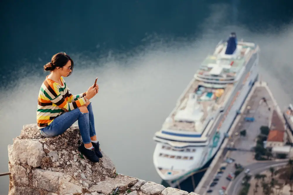 cruise ship wifi girl using phone