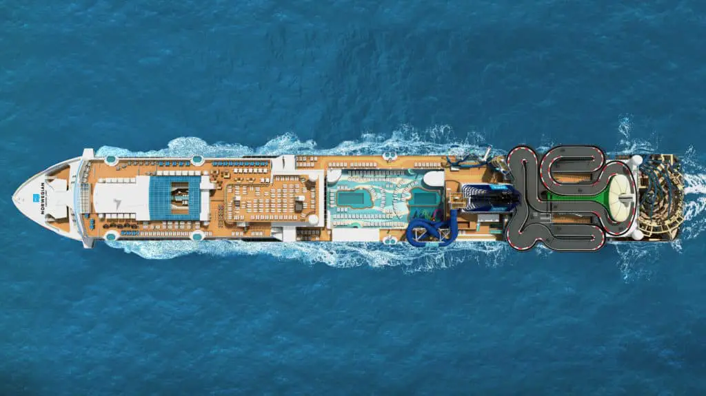 Aerial view of the Norwegian Encore, looking straight down on the top deck with pools and racetrack