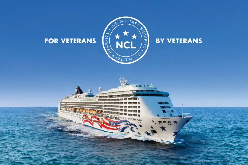 Norwegian Cruise ship sailing through the ocean. Above it has a title with a round "seal" in the middle that says "U.S. Military Benefits NCL" On either side of the seal it says "For Veterans By Veterans"