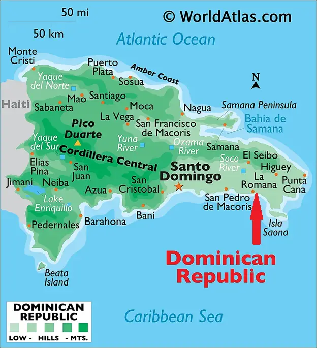 map of the Dominican Republic. La Romana is on the south east side of the country. A red arrow is pointing to La Romana.