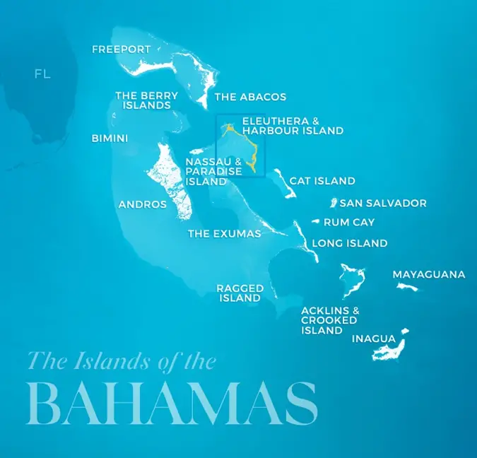 Drawn map of the islands of the Bahamas with a box surrounding Eleuthera.