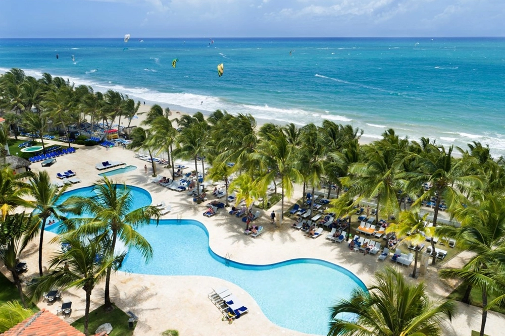 Aerial view of long, curvy pool surrounded by palm trees, separating it from the white sand beach.