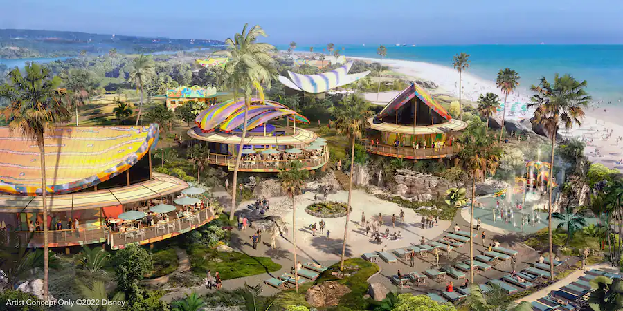 Artist's rendering of open area surrounded by larger thatch-roof type buildings with balconies and tables with umbrellas. A water park area is off to one side with the beach behind.