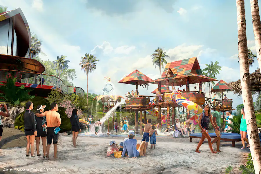 Artist's rendering of the family water play area with two-story wood-like structure with slides and water fountains.