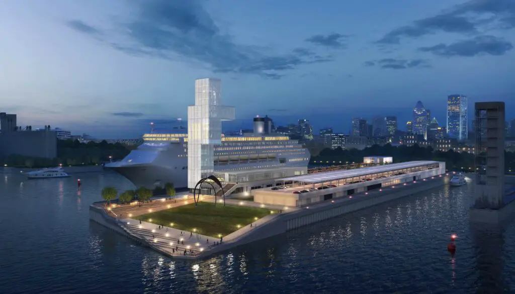 Rendering of the Port of Montreal at dusk with a cruise ship docked beside the new 65 meter tall glass observation tower.