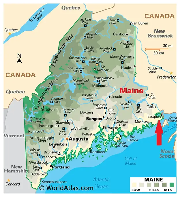 Map of Maine with Eastport highlighted with a large red arrow