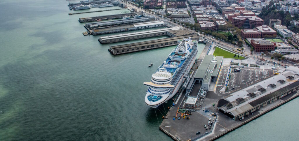 Image of a Cruise ship in port from above