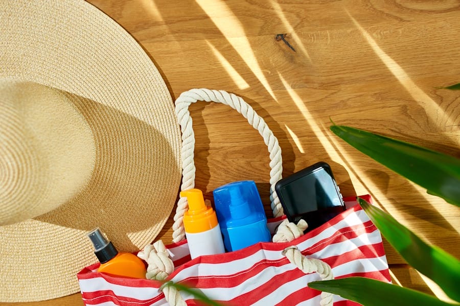 beach bag with sunscreen and phone, hand santizer